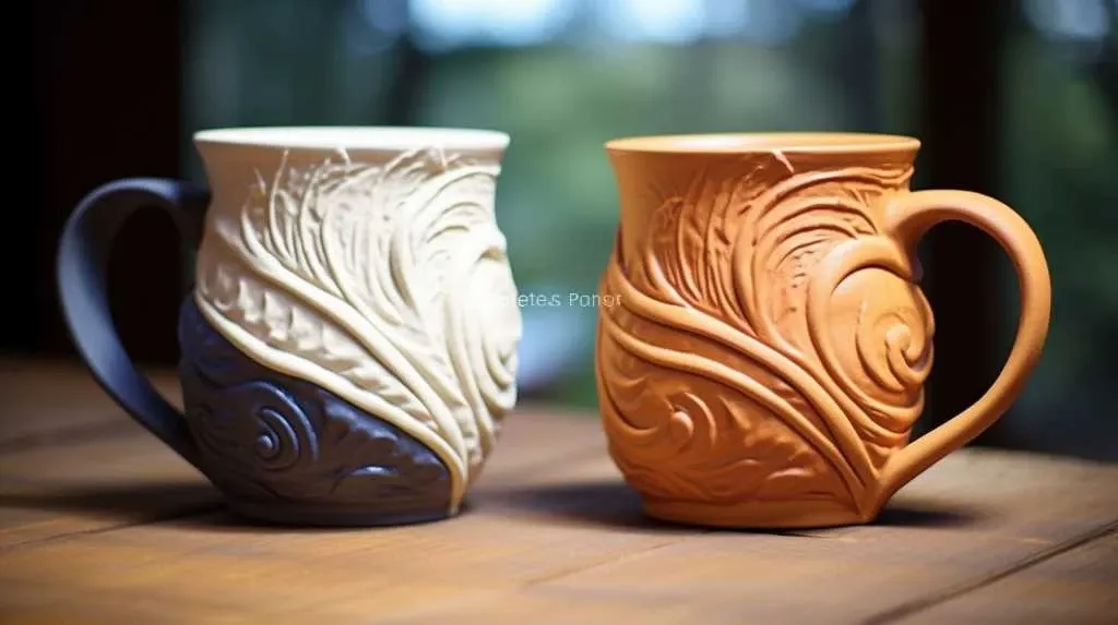 Two mugs on a wooden table with designs on them.
